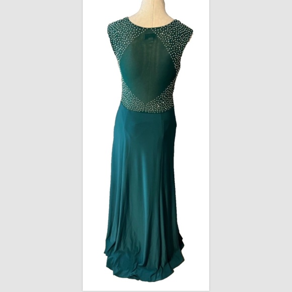 Jackie Jon Dress Emerald Green Silver 8 Stud Stretch Maxi Formal Party Event - Picture 2 of 11